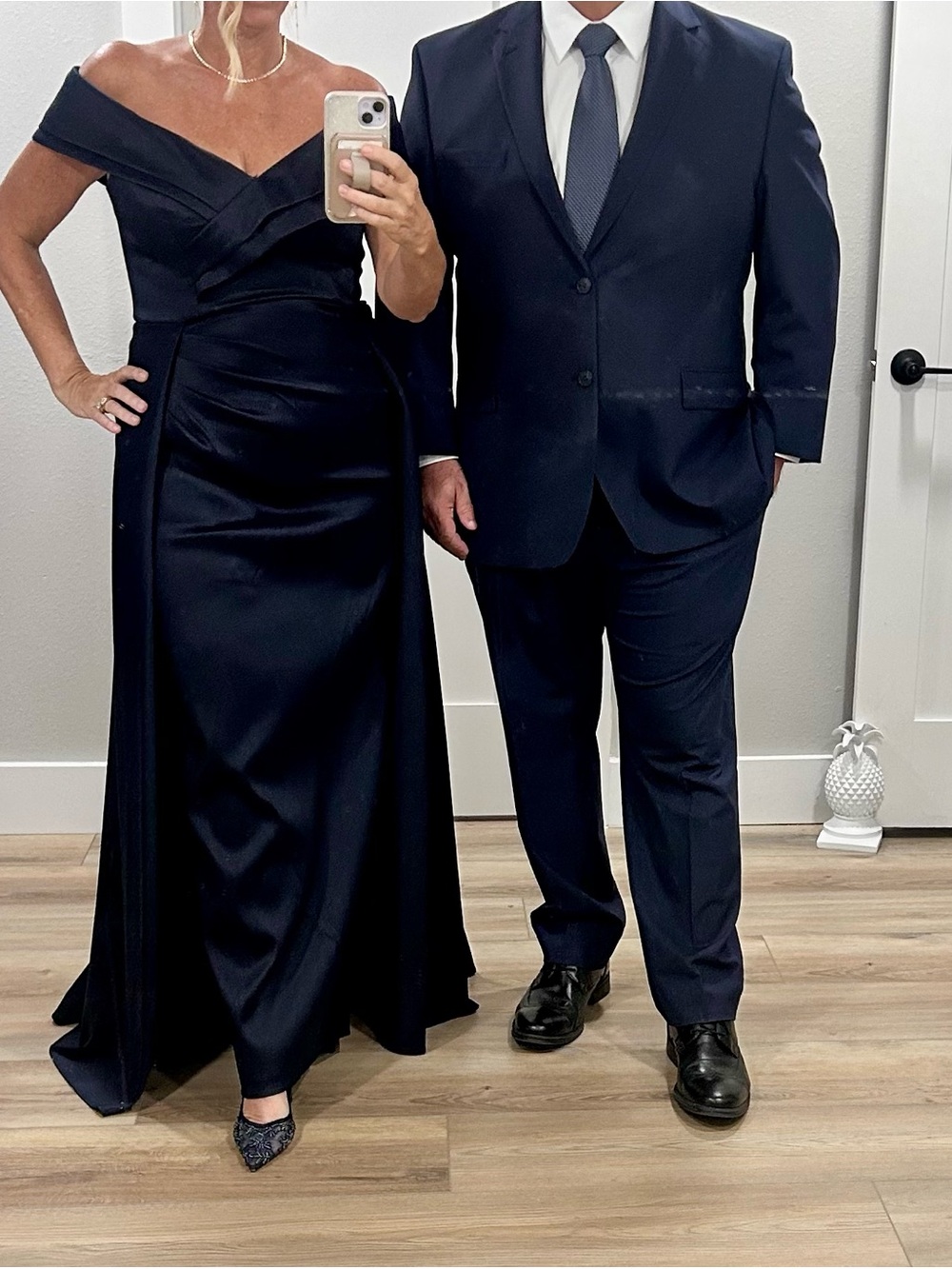 Elegant Off-Shoulder Navy Satin Evening Gown